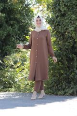 Kadın Kahverengi  Büyük Beden Düğmeli Tunik Pantolon Ikili Takım