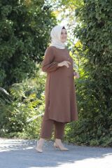 Kadın Kahverengi  Büyük Beden Düğmeli Tunik Pantolon Ikili Takım