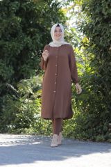 Kadın Kahverengi  Büyük Beden Düğmeli Tunik Pantolon Ikili Takım