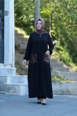 Büyük Beden Tül Leopar Detay Kapüşon Fermuarlı Kap Ferace