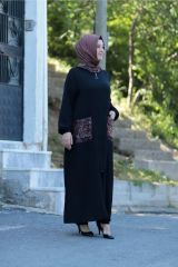 Büyük Beden Tül Leopar Detay Kapüşon Fermuarlı Kap Ferace