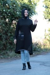 Büyük Beden Taşlı Şeritli Ribana Yaka Penye Tunik