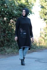 Büyük Beden Taşlı Şeritli Ribana Yaka Penye Tunik