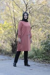 Büyük Beden Baskı Taşlı Ribana Yakalı Penye Tunik