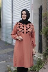 Büyük Beden Flok Baskı Ribana Yaka Penye Tunik