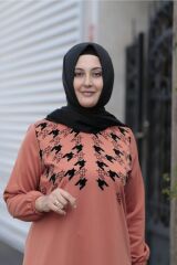 Büyük Beden Flok Baskı Ribana Yaka Penye Tunik