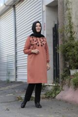 Büyük Beden Flok Baskı Ribana Yaka Penye Tunik