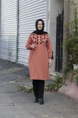 Büyük Beden Flok Baskı Ribana Yaka Penye Tunik