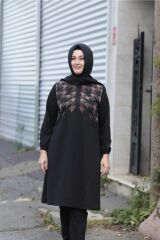 Büyük Beden Flok Baskı Ribana Yaka Penye Tunik