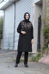 Büyük Beden Flok Baskı Ribana Yaka Penye Tunik