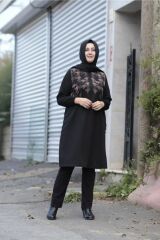 Büyük Beden Flok Baskı Ribana Yaka Penye Tunik