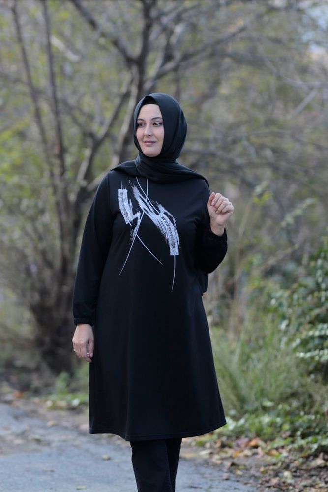 Büyük Beden Taşlı Ribana Yaka Penye Tunik