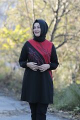 Büyük Beden Garnili Baskı Taşlı Penye Tunik