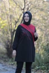Büyük Beden Garnili Baskı Taşlı Penye Tunik