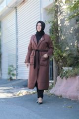 Büyük Beden Biyeli Kemerli Çelik Örme Cepli Triko Giy Çık Kap Ceket