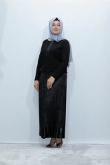 Büyük Beden Deri Garnili Piliseli Etek Bluz Ikili Takım