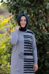 Büyük Beden Merserize Soğuk Rayon Iplik Perfect Geometrik Çizgi Desen Tunik Pantolon Ikili Takım