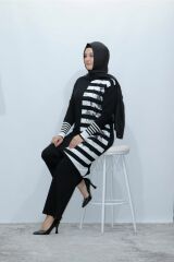 Büyük Beden Merserize Soğuk Rayon Iplik Perfect Çizgili Tunik Pantolon Ikili Takım