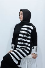 Büyük Beden Merserize Soğuk Rayon Iplik Perfect Çizgili Tunik Pantolon Ikili Takım