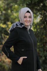 Büyük Beden Kapüşonlu Kaşe Kaban Mont