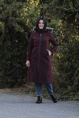 Büyük Beden Kapüşonlu Kaşe Kaban Mont