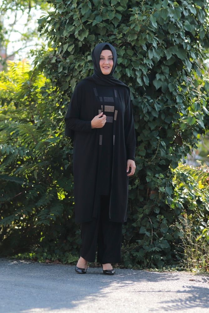 Büyük Beden Taş Baskı Detay Üçlü Takım