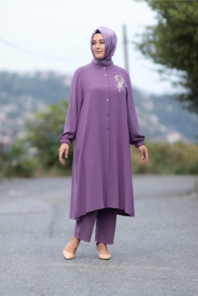 Büyük Beden Taş Detay Düğmeli Tunik Pantolon Ikili Takım LİLA - 54