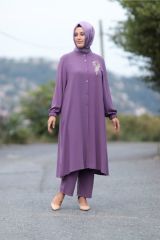 Büyük Beden Taş Detay Düğmeli Tunik Pantolon Ikili Takım LİLA - 54
