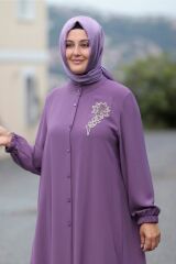 Büyük Beden Taş Detay Düğmeli Tunik Pantolon Ikili Takım LİLA - 54