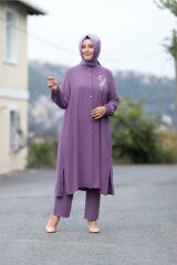 Büyük Beden Taş Detay Düğmeli Tunik Pantolon Ikili Takım LİLA - 54