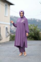 Büyük Beden Taş Detay Düğmeli Tunik Pantolon Ikili Takım LİLA - 54