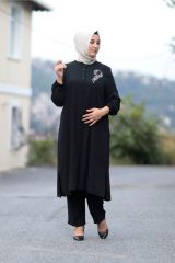 Büyük Beden Taş Detay Düğmeli Tunik Pantolon Ikili Takım SİYAH - 50
