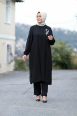 Büyük Beden Taş Detay Düğmeli Tunik Pantolon Ikili Takım SİYAH - 50