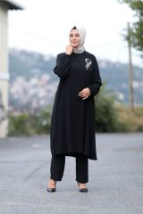 Büyük Beden Taş Detay Düğmeli Tunik Pantolon Ikili Takım SİYAH - 50